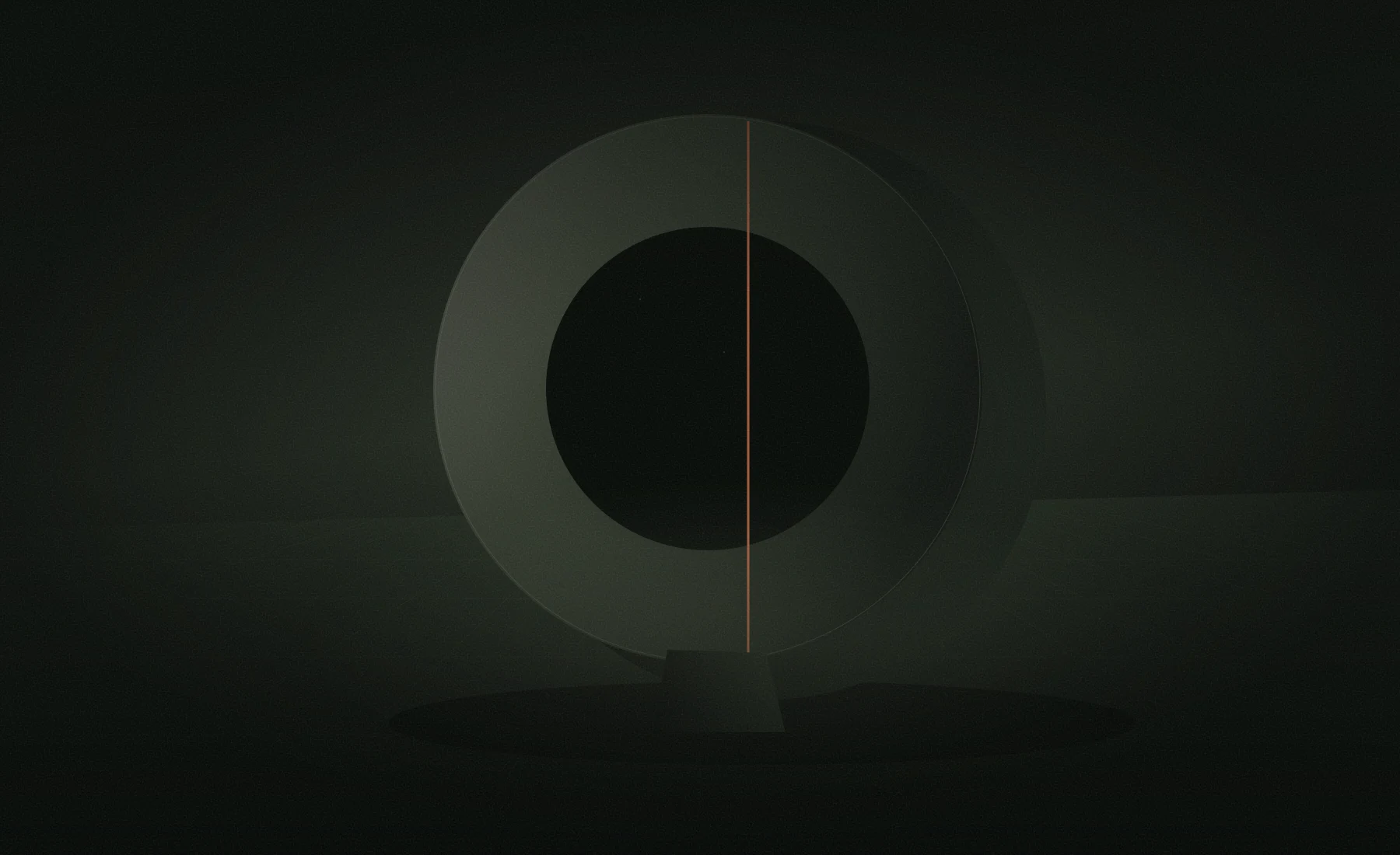 A monumental circular form split by a thin vertical signal.